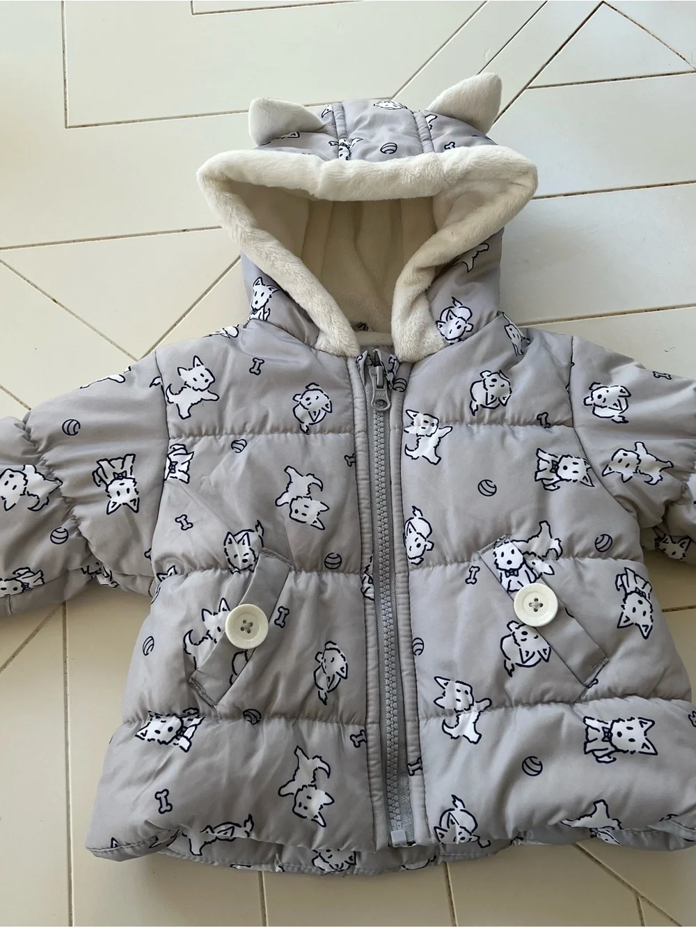 London Fog Grey Westie Puppy Print Puffer coat and Sack with Hood